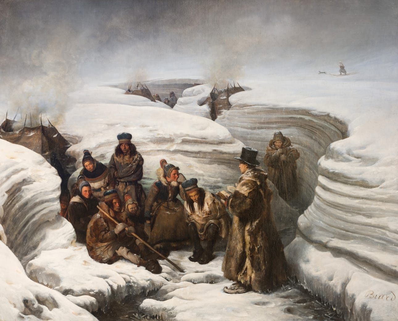 Suomen-retkikuntaan vuonna 1839 osallistunut taiteilija François-Auguste Biard maalasi Lars Levi Laestadiuksen pitämässä oppituntia saamelaisille.