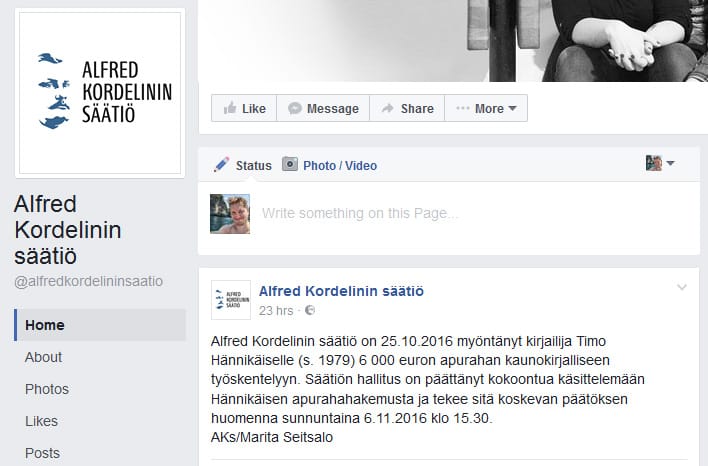 Alfred Kordelinin säätiö julkaisi lauantaina Facebookissa päivityksen, jonka mukaan säätiö aikoo kokoontua sunnuntaina käsittelemään Timo Hännikäisen apurahahakemusta. Säätiö päätti jo aiemmin, että se myöntää Hännikäiselle 6 000 euron apurahan.