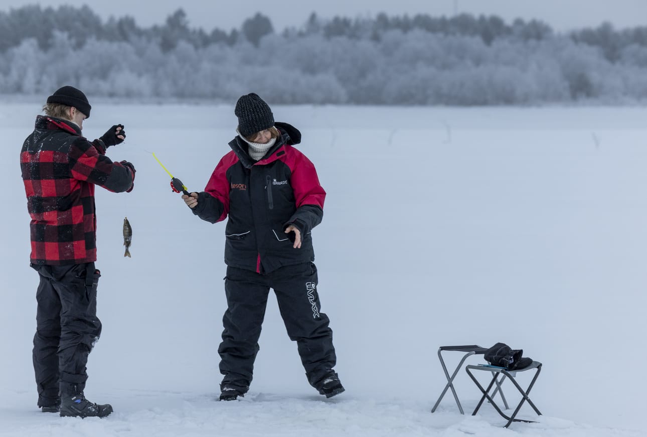 Kuulutusliike, pienempää nypytystä, vastaisku ja kala siimasta nostaen nopeasti ylös. Opas Aksu Mikkola auttaa saaliin kanssa.