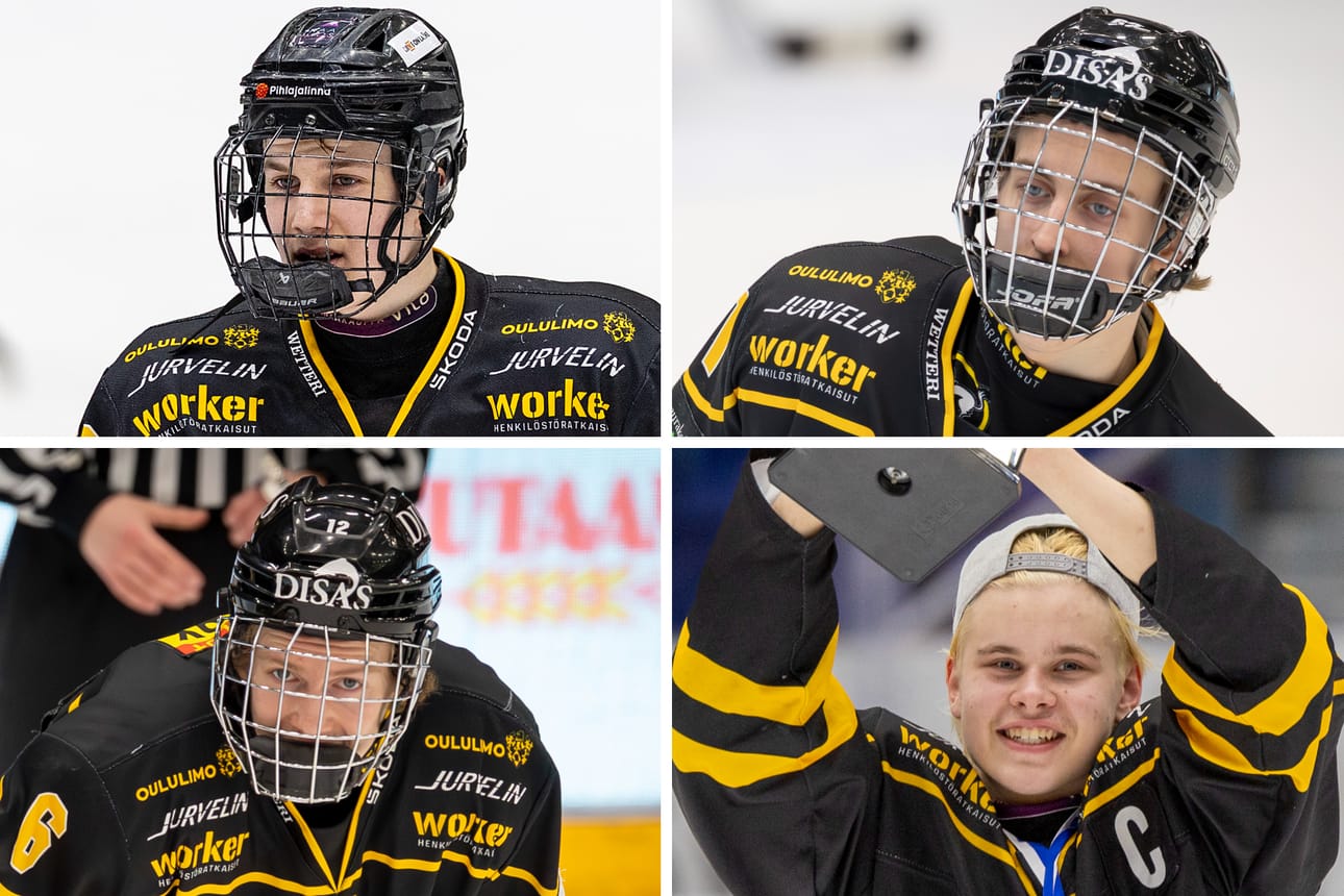 Eddie Wallin (vas. ylhäällä), Olli Kylmälä (oik. ylhäällä), Janne Karassaari (vas. alhaalla) ja Lenni Kokkonen jatkavat Kärppien paidassa.
