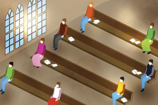 Seurakunnat pitävät esimerkiksi kirkkovaltuuston kokouksia tavallista isommissa tiloissa, koska etäkokoukset eivät ole mahdollisia nykyisen kirkkolain mukaan. GRAFIIKKA: JANI KAUNISTO