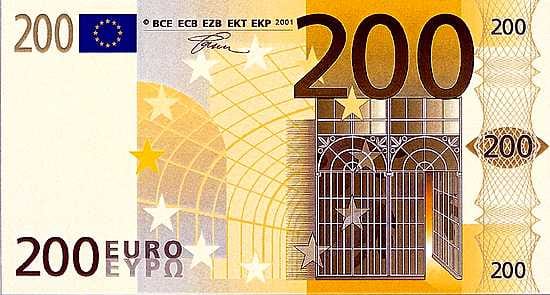 Kuvassa aito 200 euron seteli.