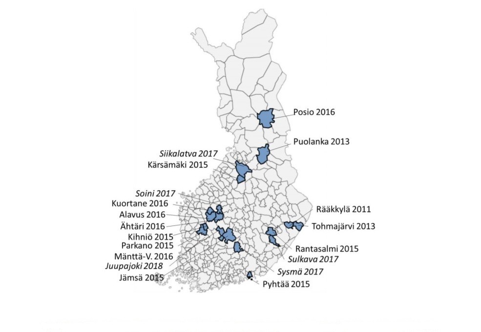 Ennen vuotta 2018 sote-palvelunsa ulkoistaneet kunnat kartalla. Kuvakaappaus Esa Jokisen Sosiaali- ja terveydenhuollon kokonaisulkoistukset -selvityksestä.