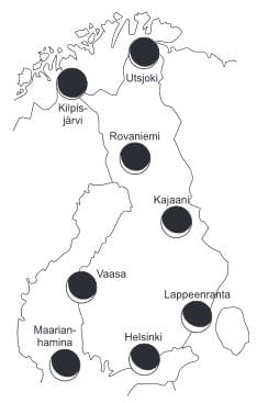 Auringonpimennyksen suuruus eri puolilla Suomea 20.3.2015.