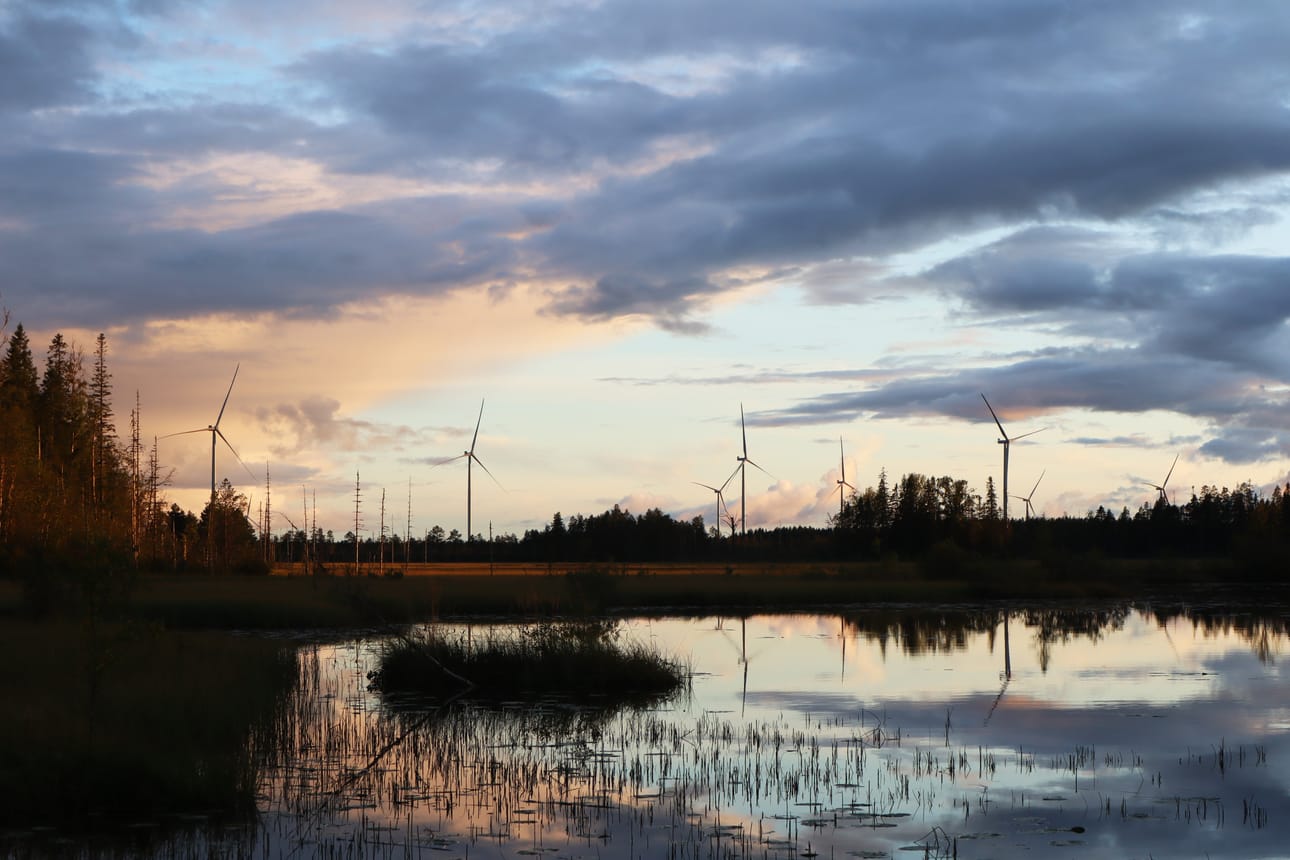 Kurikan tuulivoimaloiden kapasiteetti on 465,22 megawattia. Arkistokuvassa Matkussaaren voimaloita Niinistönjärveltä katsottuna.