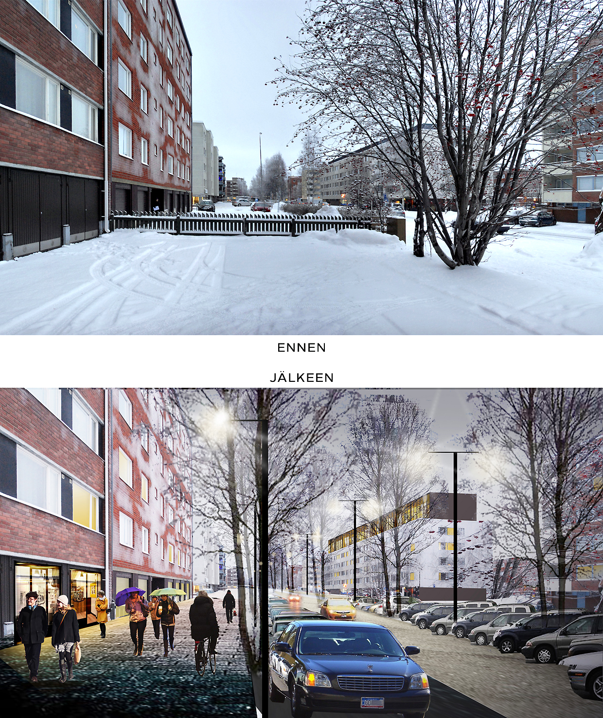 Arkkitehdit ehdottavat, että Isokadun katutila Heinäpäässä järjestellään uusiksi. Yläpuolella tämän hetkinen katukuva.