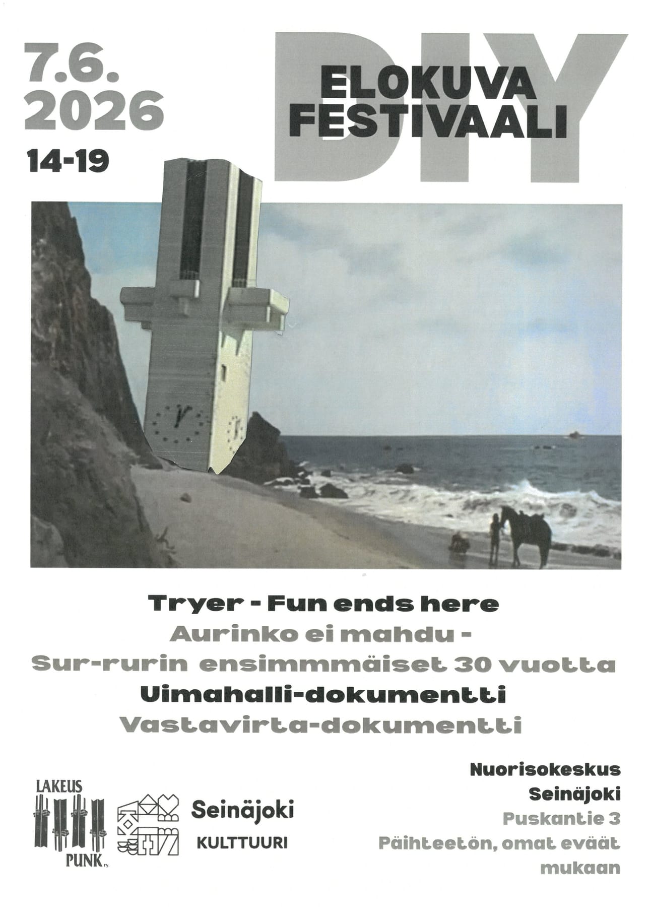 Seinäjoella ensi kertaa järjestettävän DIY-elokuvafestivaalin juliste. Kuva on muokattu legendaarisen Apinoiden planeetta -elokuvan kohtauksesta.