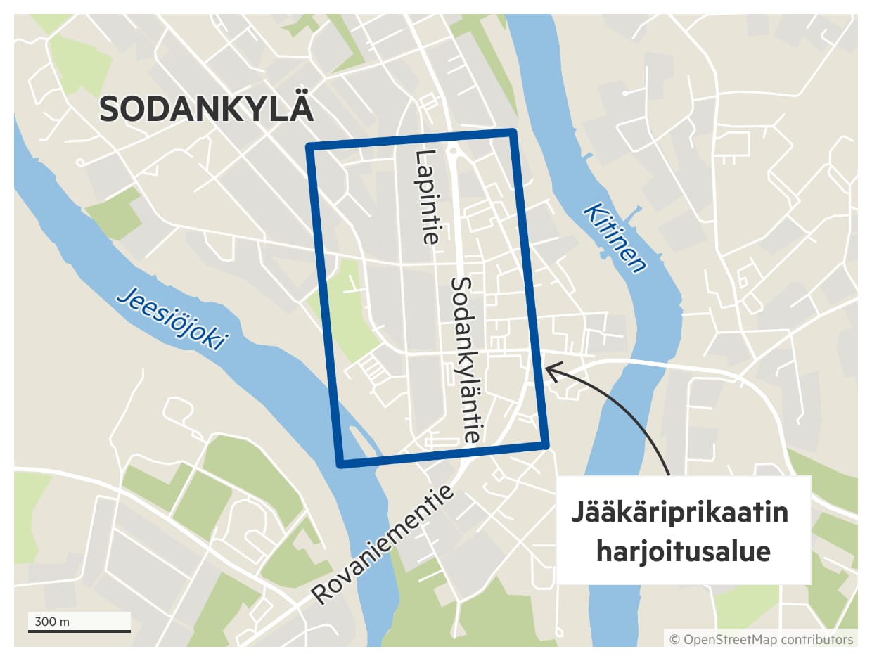 Jääkäriprikaatin harjoitusalue Sodankylän keskustassa 9.–10. maaliskuuta.