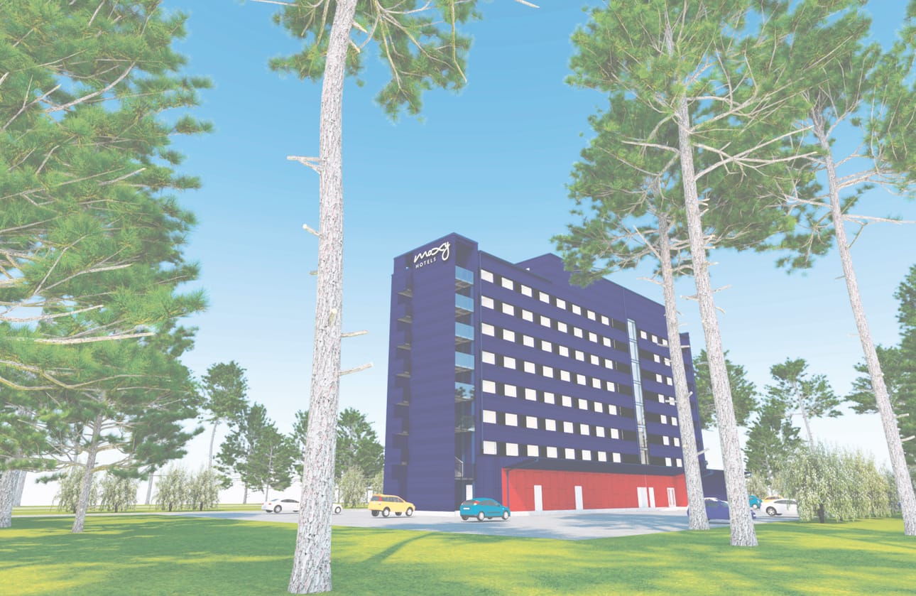 Havainnekuva Lentokentäntien pohjoispuolelle tulevasta lentokenttähotellista.