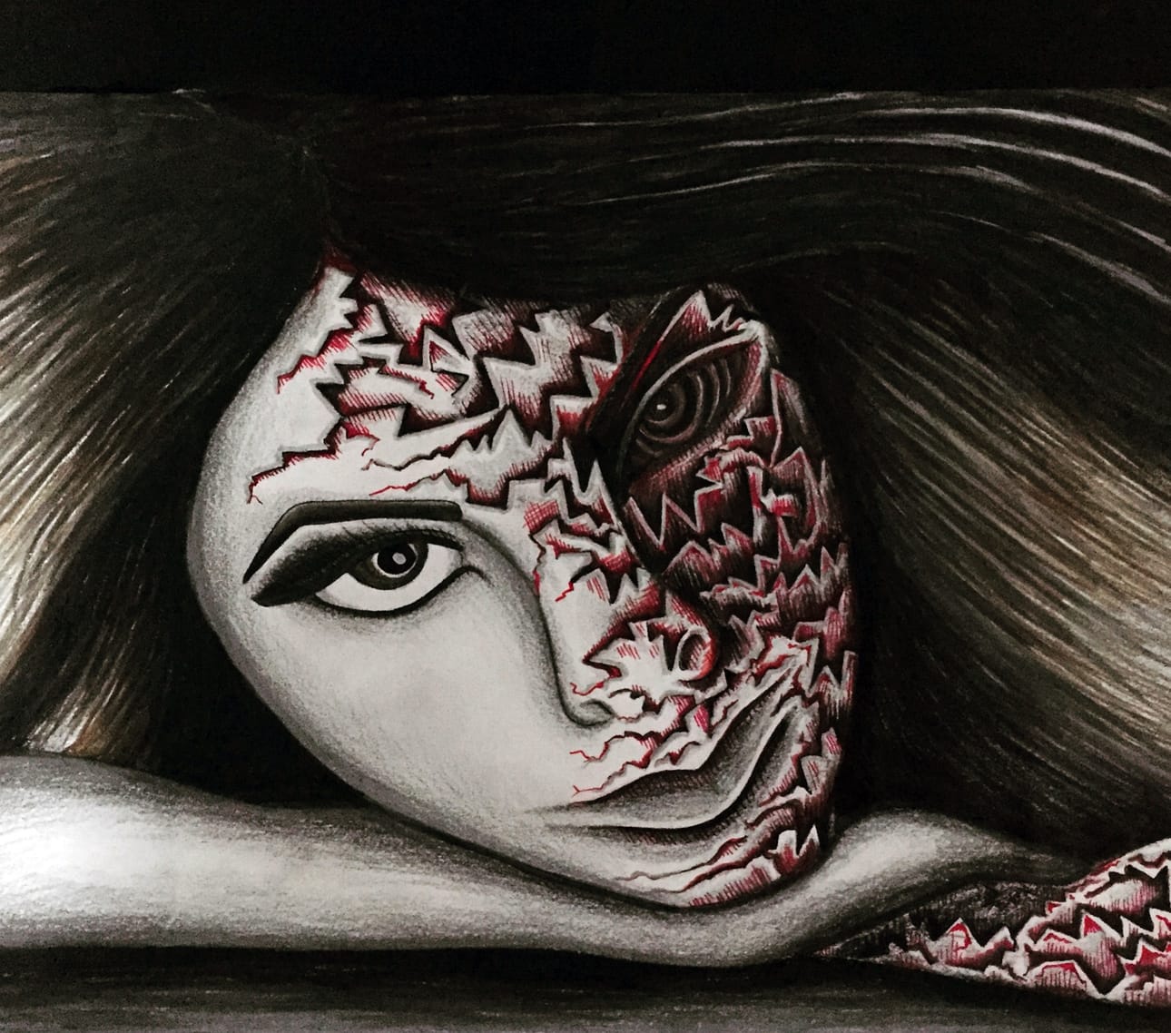 Kirvesmäen piirustukset ovat graafisia, vahvoja ja puhuttelevia. Tämän omakuvan hän liitti apurahahakemukseen mukaan.