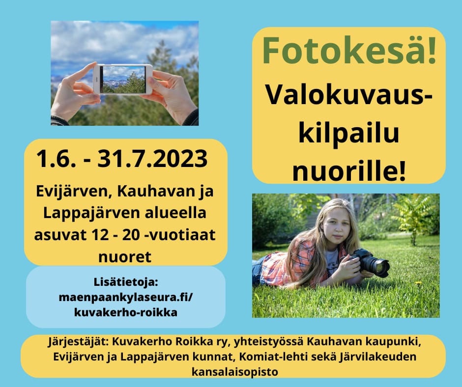 Kuvakerho Roikan ja yhteistyökumppaneiden nuorille ideoima kesäinen valokuvauskilpailu on alkanut. Kilpailuaikaa on heinäkuun loppuun.