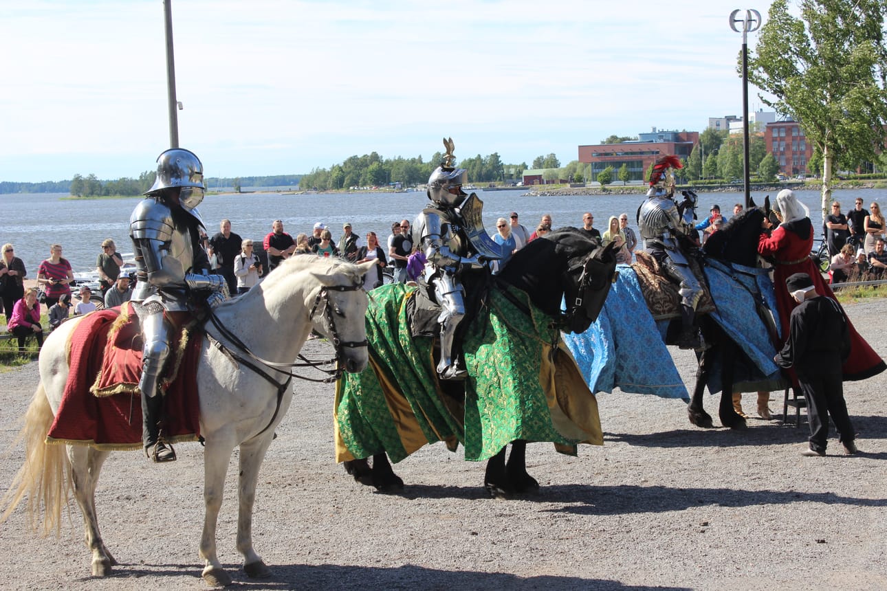 Hevoset olivat illan tähtiä vähintäänkin siinä missä ritaritkin. Valkoinen andalusialainen on Artemis. Mustat hevoset ovat friisiläisiä, Alecto ja Aletheia.