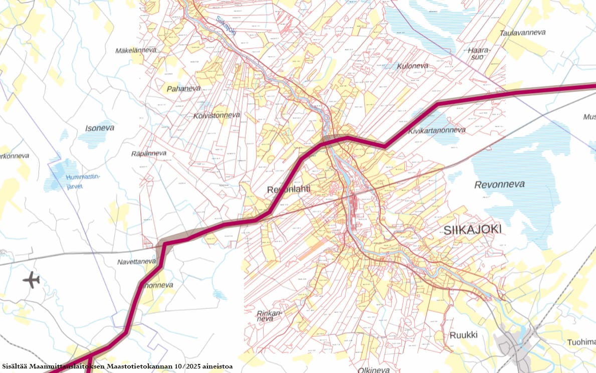 Vetyputken suunniteltu reitti Revonlahdella. Linjaus asettuu johonkin kohtaan 300 metriä leveän selvitysalueen sisälle.