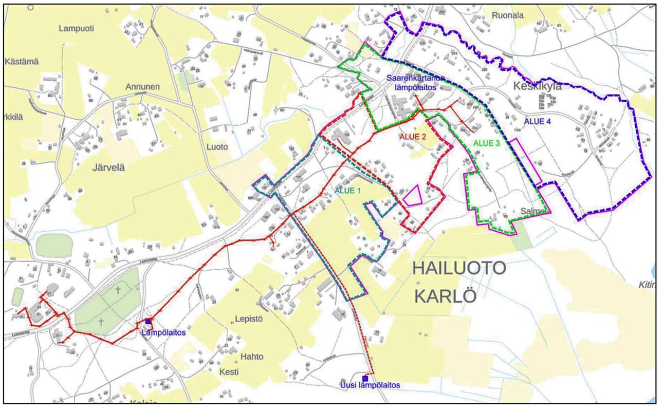 Kaukolämmöntuotannon tulevaisuuden tilannetta Hailuodossa on tarkasteltu uusien mahdollisten liittyjien liittymistehontarpeen määrittämisellä. Kuvassa on esitetty aluerajaus sekä suunniteltu uuden lämpölaitoksen sijoituspaikka runkolinjoineen.