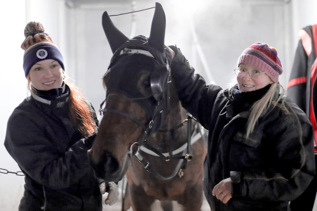 Mira Oksakari (vas.) ja Pirjo Matinlauri valmistelevat starttiin Bean Dead Certiä, jonka omistaa helsinkiläinen Veijari Stable.