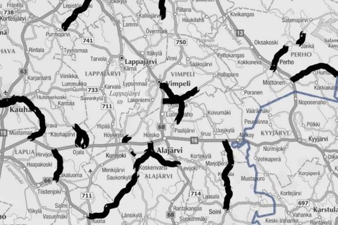 Etelä-Pohjanmaan ely-keskuksen kartasta näkyy useita tieosuuksia, jotka jäävät toistaiseksi ilman päällystepaikkauksia. Lähde: Ely.