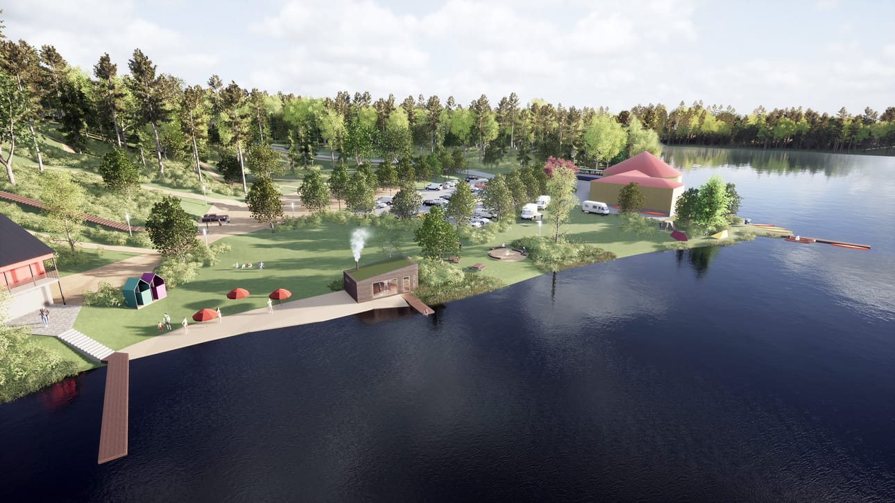 Tanssilavan suunnalle on kehitetty parkkipaikkoja ja rantaan on suunniteltu puistoalue, jossa on uimaranta, savusauna ja nuotiopaikka. Havainnekuva.