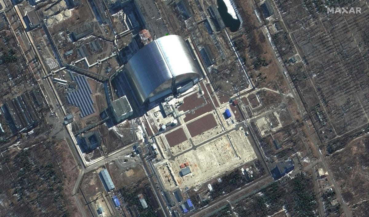 Satelliittikuva venäläisten miehittämästä Tshernobylin ydinvoimalasta maaliskuun alkupuolelta. LEHTIKUVA/AFP/Satellite image 2022 Maxar Technologies