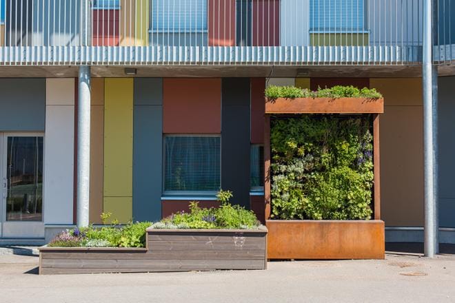 Sadepuutarhassa hyödynnetään sade- ja sulamisvettä. Helsingin Kalasatamassa kokeiltu prototyyppi koostuu ulkoviherseinästä sekä kahdesta istutuslaatikosta. KUVA: InnoGreen
