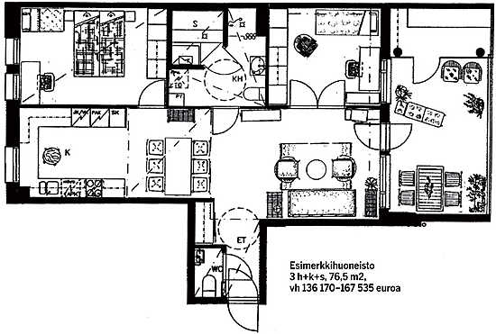 Esimerkkihuoneisto 3 h+k+s, 76,5 m2, vh 136 170-167 535 euroa