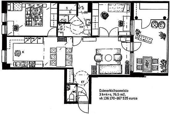 Esimerkkihuoneisto 3 h+k+s, 76,5 m2, vh 136 170-167 535 euroa