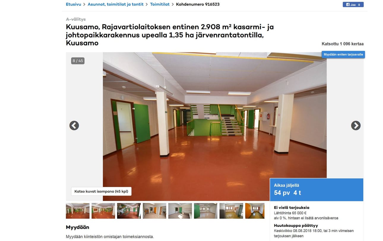 Rajan rakennuksessa on lähes 3¿000 neliötä. Kuvankaappaus myynti-ilmoituksesta.