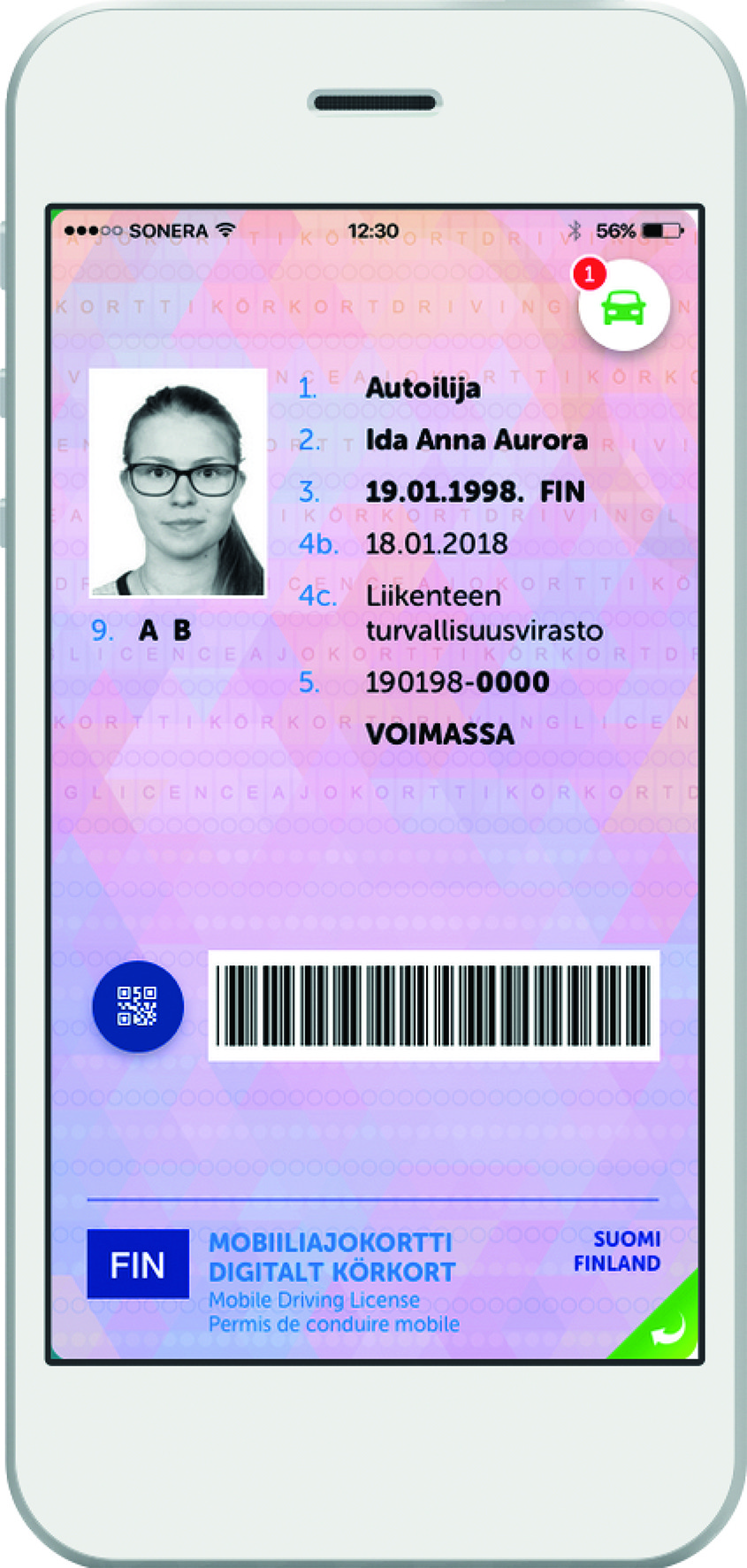 Mobiiliajokortti kulkee kännykässä käyttäjän mukana. Sovellus on vapaasti ladattavissa ensi kesänä Android- ja iPhone-puhelimiin.