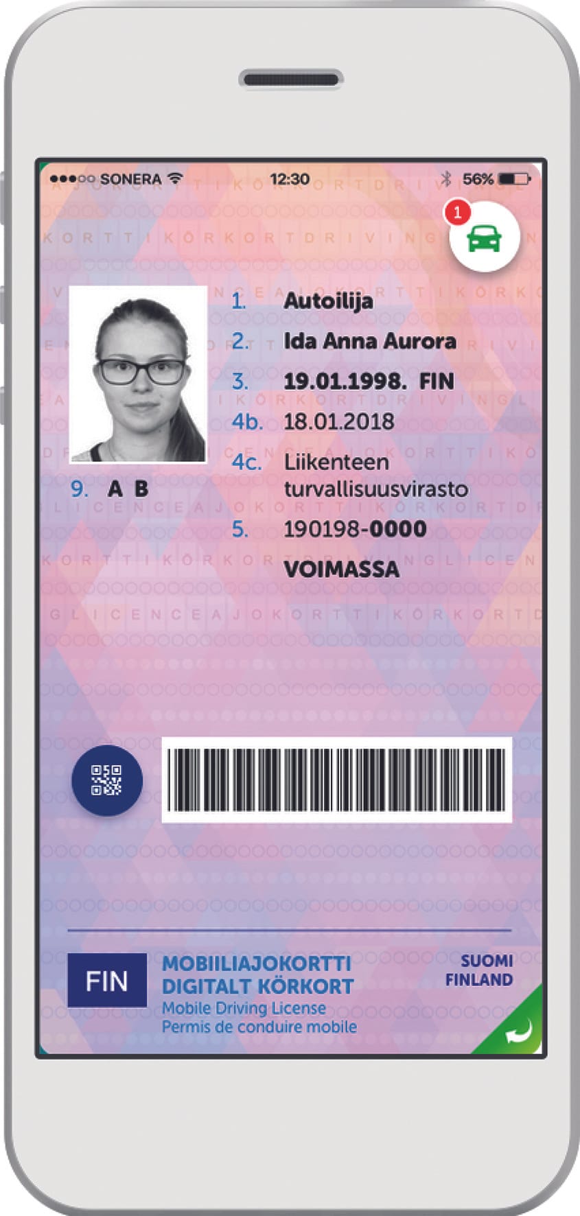 Mobiiliajokortti kulkee kännykässä käyttäjän mukana. Sovellus on vapaasti ladattavissa ensi kesänä Android- ja iPhone-puhelimiin.
