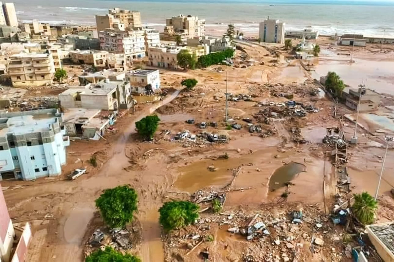 Tulvatuhojen jälkiä Dernassa Libyassa, kuva Libyan Punainen Puolikuu. Lehtikuva/AFP