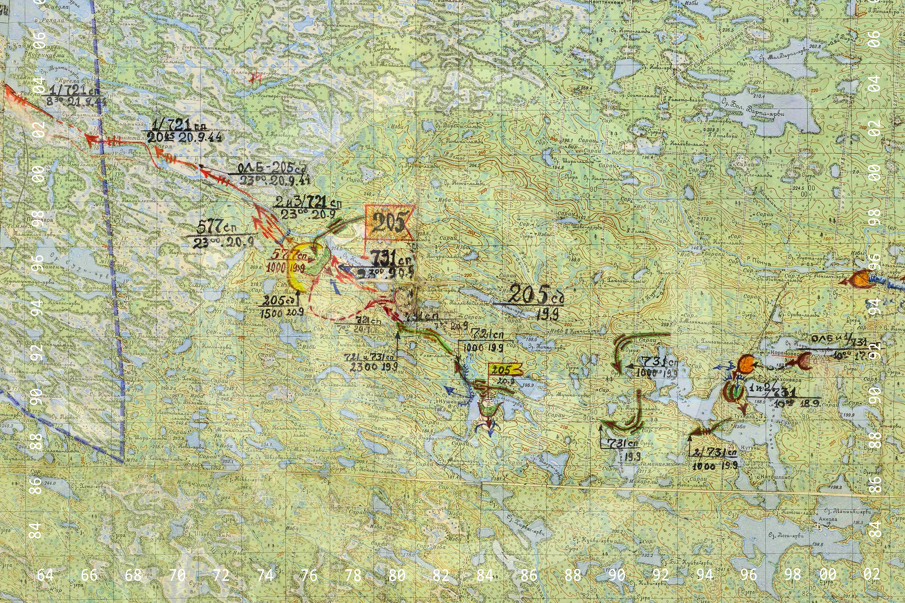 Ote venäläisestä sotakartasta 20.9.1944, josta selviää venäläisjoukkojen eteneminen Kuusamoa kohti kalenteripäivien tarkkuudella.