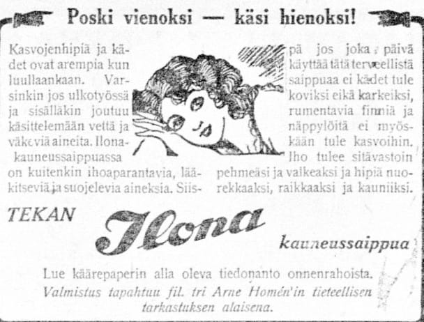 Mainos lupaa kauneussaippuan tekevän hipiän moitteettomaksi.