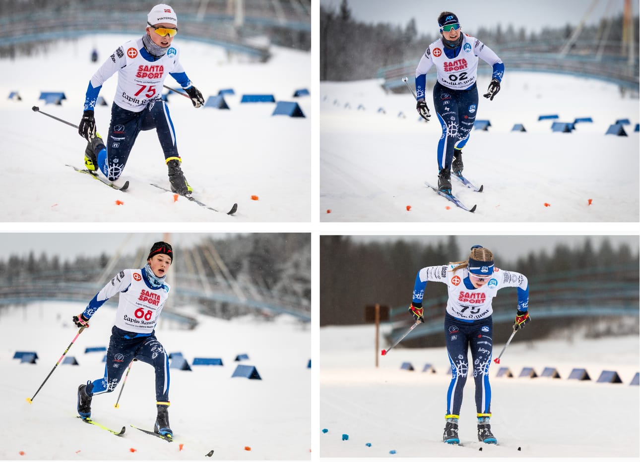 OH:n nuoret hiihtivät Hopeasompafinaaleissa kaksi viestin hopeamitalia. Abel Sieppi (vas. ylä) ja Valtteri Tiuraniemi (vas. ala) olivat P14-joukkueen jäseniä, Aava Kuoksa (oik. ylä) ja Lilli Haataja (oik. ala) T16-joukkueessa.