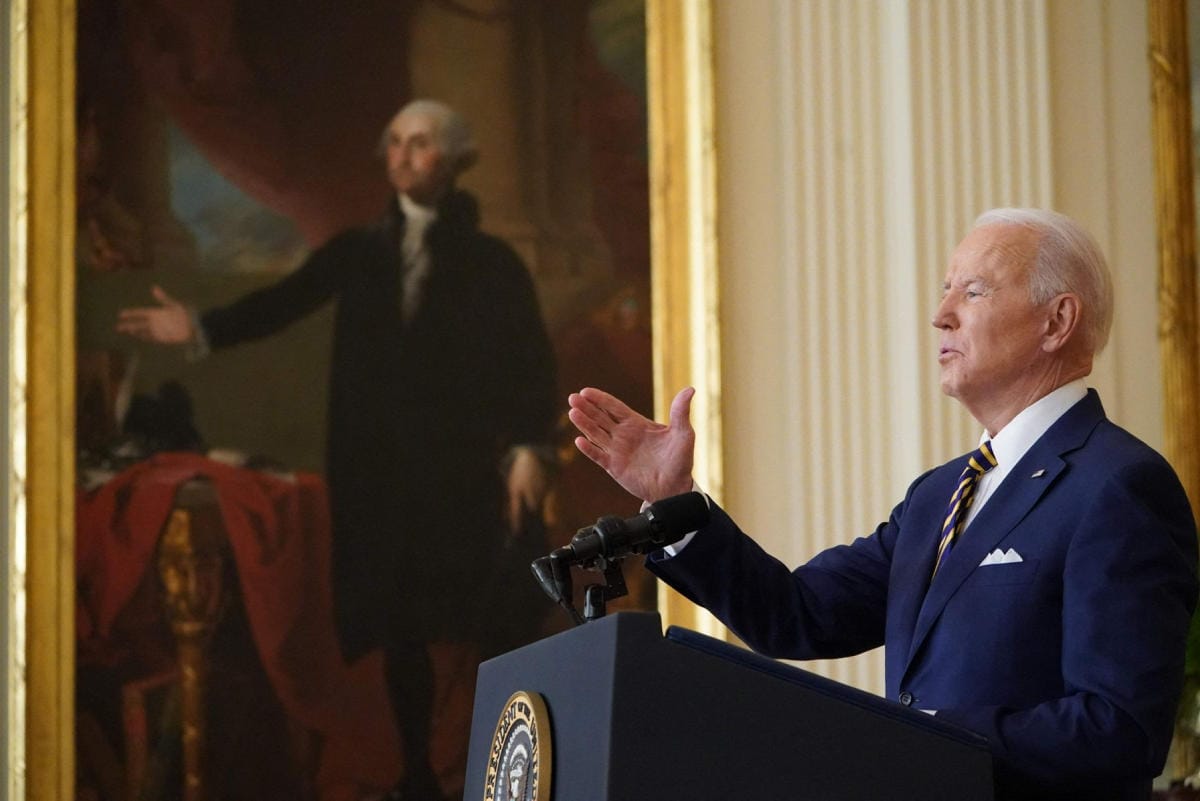 Presidentti Joe Bidenin tiedotustilaisuus ja puhe kestivät yhteensä lähes kaksi tuntia. LEHTIKUVA / AFP