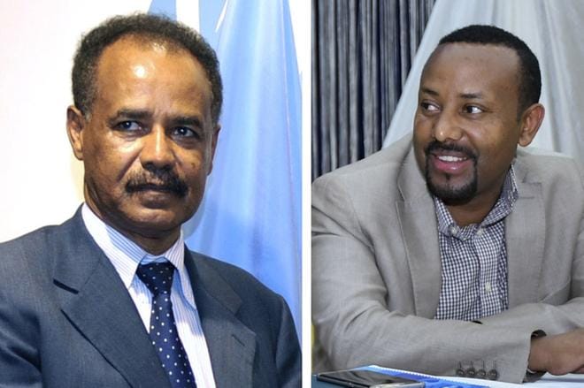 Kuvakollaasissa Eritrean presidentti Isaias Afwerki vasemmalla ja Etiopian pääminsteri Abiy Ahmed oikealla. KUVA: