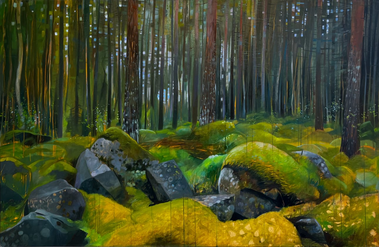 Luonto on loputon inspiraation lähde oululaiselle Joonas Vähäsöyringille, jonka näyttelyssä Galleria 5:ssä on maalausten lisäksi esillä grafiikkaa ja keramiikkareliefejä. Kuvassa Vähäsöyringin maalaus Sammalmetsä.