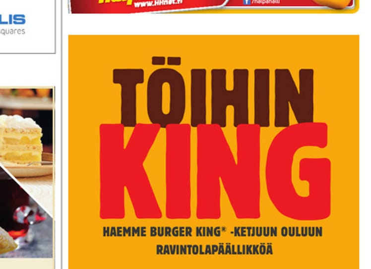 Burger Kingin työpaikkailmoitus Kalevassa.