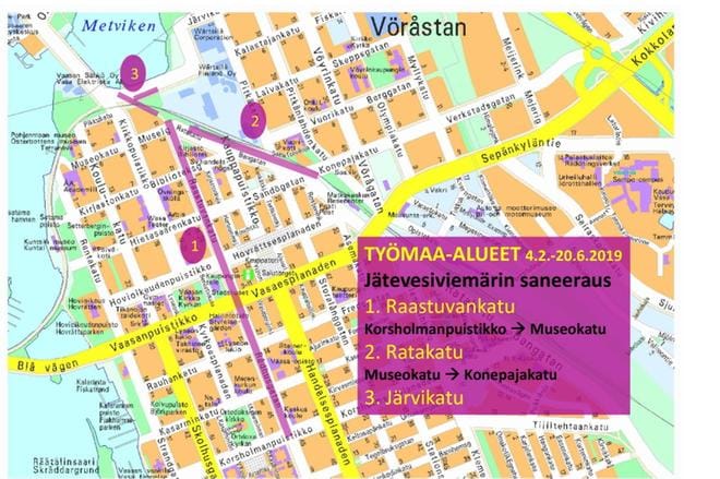 Jätevesiviemäreiden saneerausalueet 4.2.-20.6. välisenä aikana.