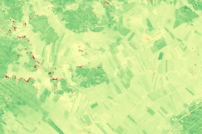 Ahonkylästä muodostettu kuvamosaiikki on esimerkki satelliittien tuottamasta hyötytiedosta. Vihreän sävyt tummuvat kasvillisuuden kehityksen myötä. KUVA: ESA / SUOMEN YMPÄRISTÖKESKUS