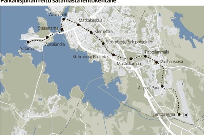 Kuvassa näkyy ratasuunnitelma, joka kulkisi Vaasan satamasta lentokentälle.