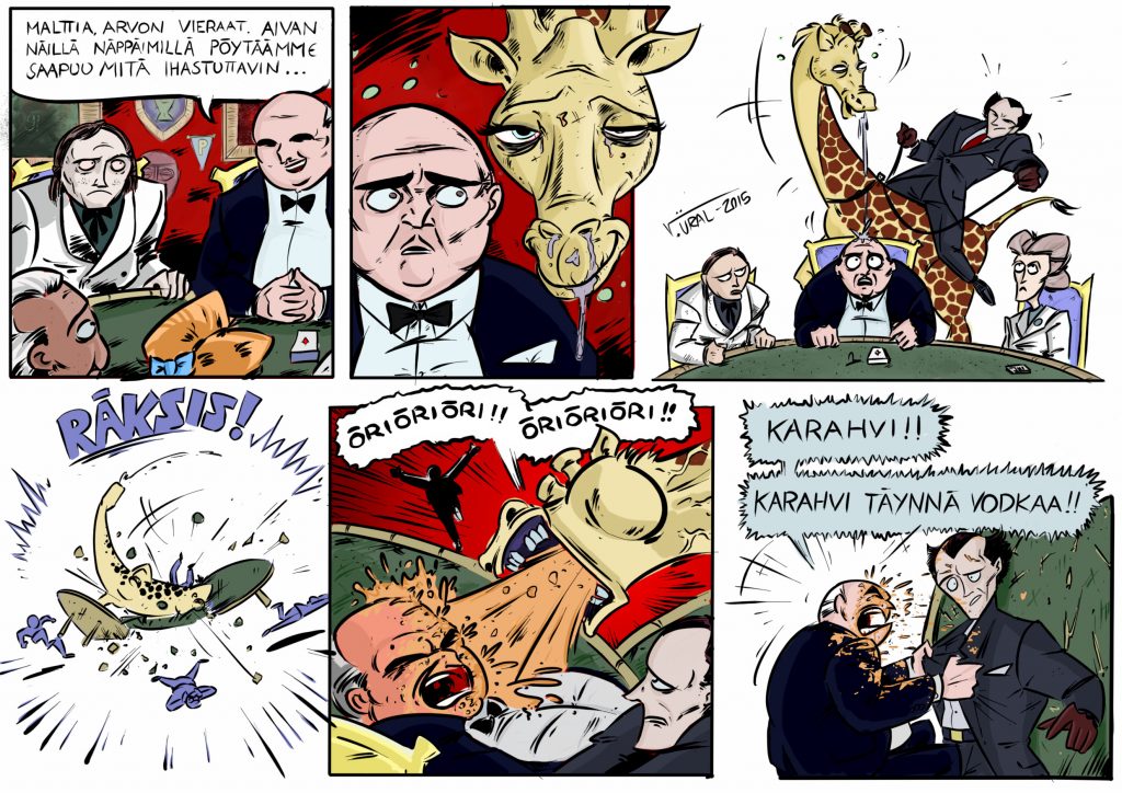 Keijo Teuras sekoittaa karahvin kirahviin. 