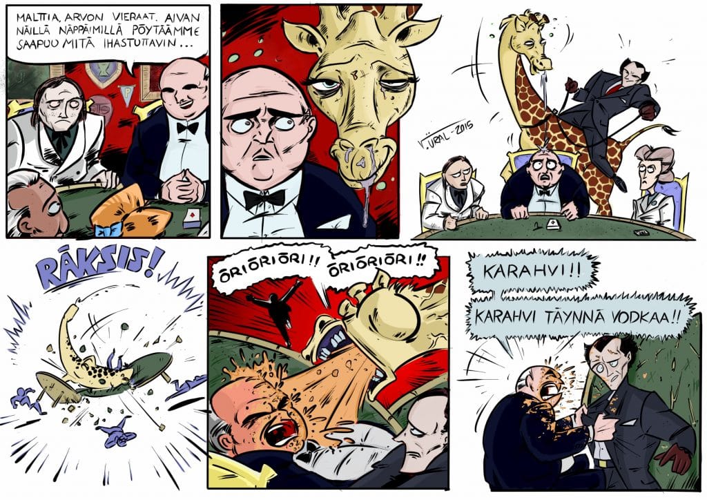 Keijo Teuras sekoittaa karahvin kirahviin.
