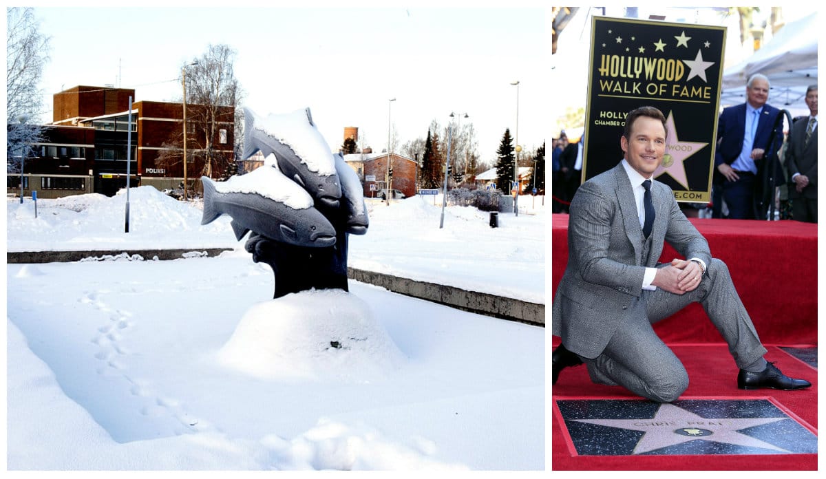 Muhoksen torille kaavaillaan Walk of Fame -tähtikatua Hollywoodin tyyliin. Näyttelijä Chris Pratt sai hiljan oman tähtensä Hollywoodin Walk of Famella. Muhoksen torin kuva Lauri Ponkala/Kaleva, Chris Prattin kuva Mike Nelson/EPA.