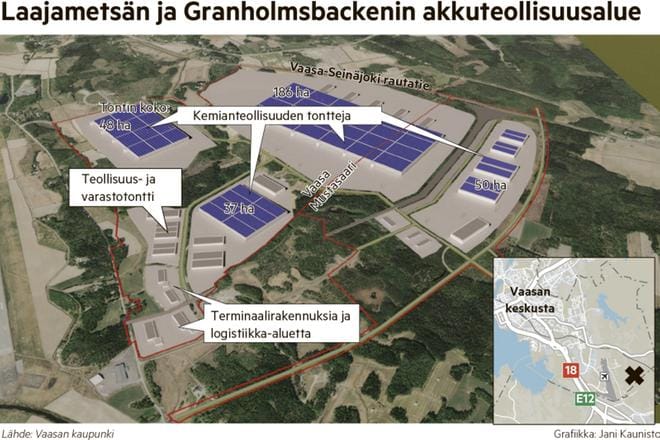 Vaasan Laajametsässä on varattu noin 190 hehtaarin tontti akkukennotehtaalle. Siitä 90 hehtaaria varataan nyt norjalaiselle Freyrille.