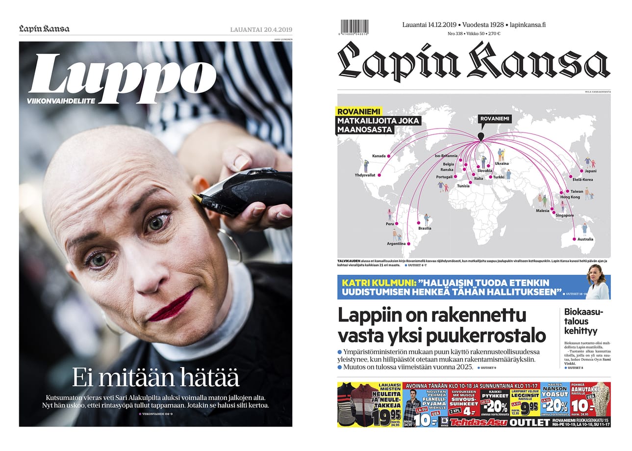 "Ei mitään hätää" -reportaasi kertoo rovaniemeläisen Sari Alakulpin elämästä rintasyövän kanssa. Kansi ylsi hopealle Best of News Design Scandinavia -kilpailussa. Rovaniemelle saapuvista matkailijoista kertova juttukokonaisuus voitti pronssia paikallissivujen sarjassa.