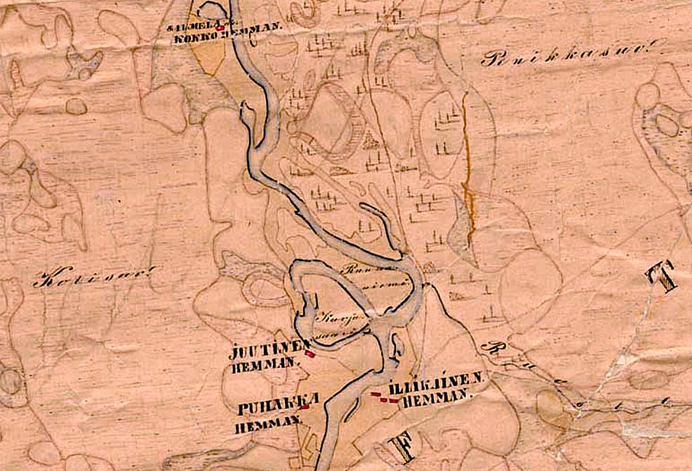 Livon kylää nykyisen livojoen sillan paikkeilta vuoden 1865 kartassa. Nykyinen Karjosaari näyttää olevan paikallaan, mutta Ruunaniemi on sittemmin muuttunut Hevossaareksi.