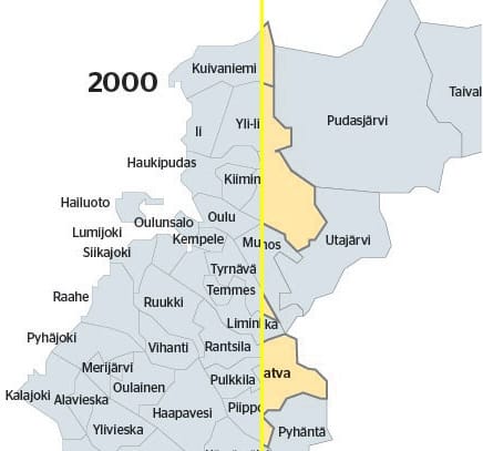 Vuoden 2000 kartasta puuttuu teknisen kömmähdyksen vuoksi Pattijoen kunta. Karttaa korjataan.