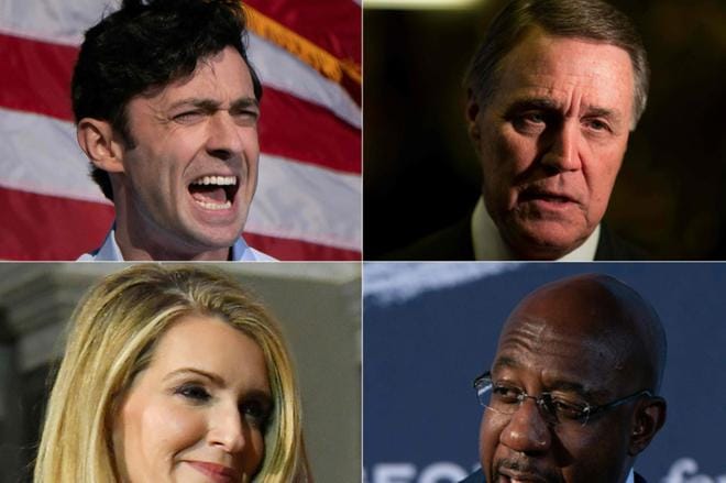 Republikaanisenaattorit David Perdue ja Kelly Loeffler saavat vastaansa demokraattihaastajat Jon Ossoffin ja Raphael Warnockin. KUVA: LEHTIKUVA / AFP / ELIJAH NOUVELAGE