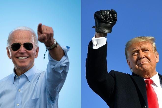 Joe Biden ja Donald Trump ovat varsin tasaväkisiä vaalitaistossa. KUVAT: JIM WATSON JA MANDEL NGAN - LEHTIKUVA / AFP