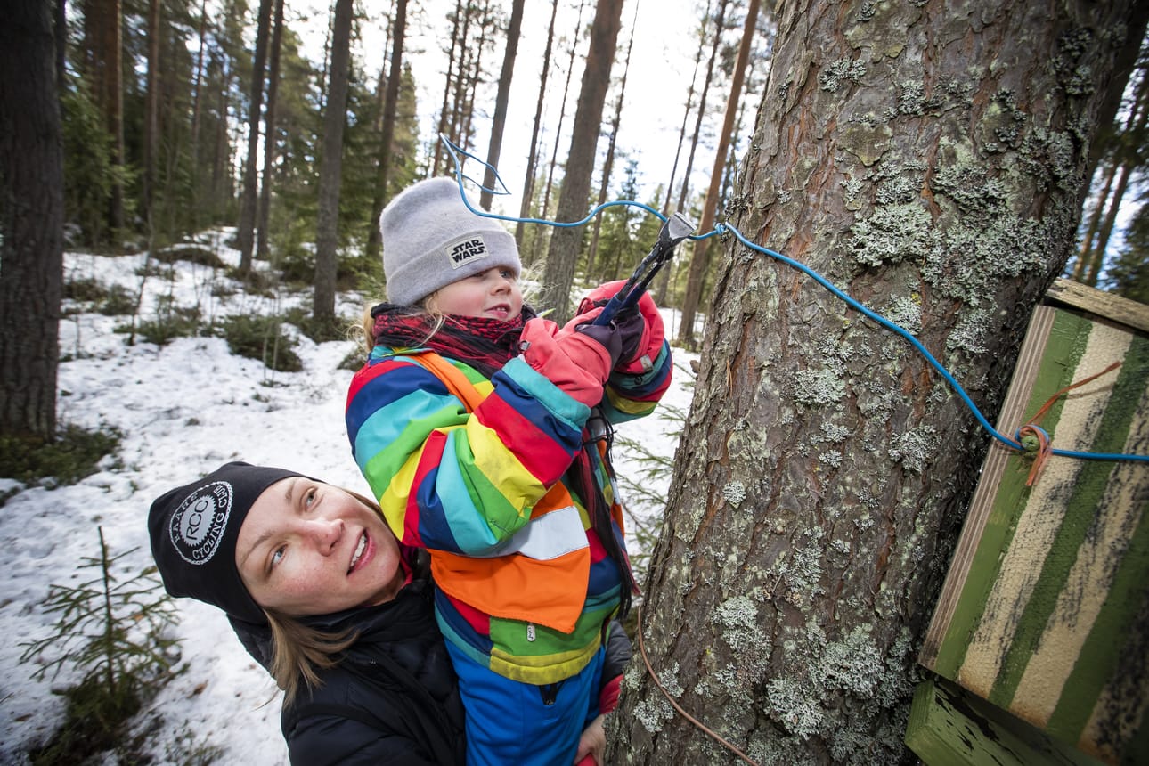 Elina Sivula auttaa Minea Järvelää pöntön ripustamisessa.