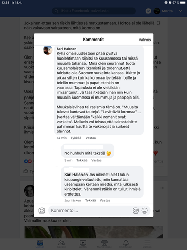 Kuvakaappaus Facebook-keskustelusta.